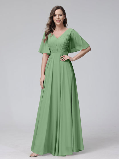 Vestidos de Dama de Honra Longos Em Chiffon com Decote Em V e Meia Manga e Bolsos com Babados