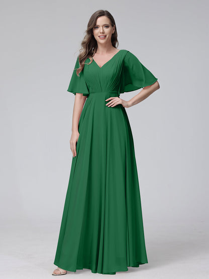 Vestidos de Dama de Honra Longos Em Chiffon com Decote Em V e Meia Manga e Bolsos com Babados