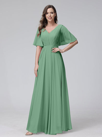 Vestidos de Dama de Honra Longos Em Chiffon com Decote Em V e Meia Manga e Bolsos com Babados
