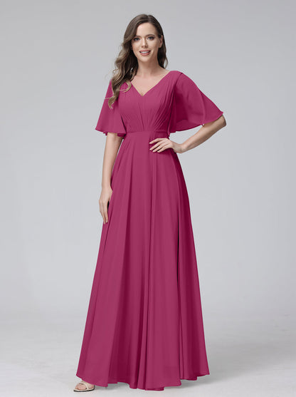 Vestidos de Dama de Honra Longos Em Chiffon com Decote Em V e Meia Manga e Bolsos com Babados
