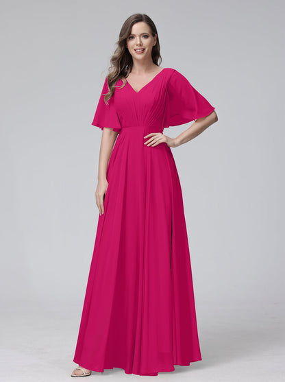 Vestidos de Dama de Honra Longos Em Chiffon com Decote Em V e Meia Manga e Bolsos com Babados