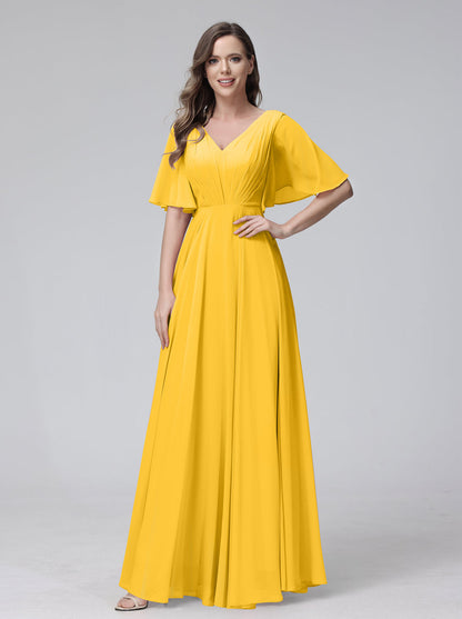 Vestidos de Dama de Honra Longos Em Chiffon com Decote Em V e Meia Manga e Bolsos com Babados
