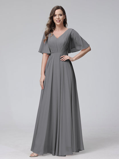 Vestidos de Dama de Honra Longos Em Chiffon com Decote Em V e Meia Manga e Bolsos com Babados