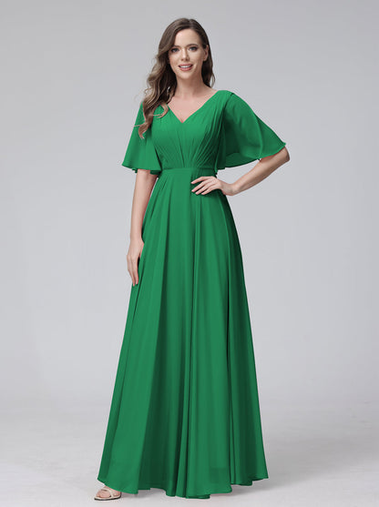 Vestidos de Dama de Honra Longos Em Chiffon com Decote Em V e Meia Manga e Bolsos com Babados