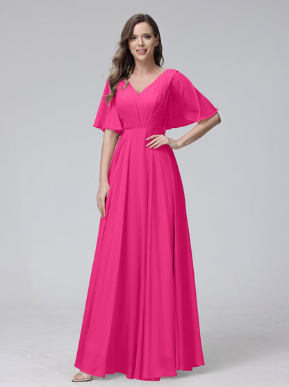 Vestidos de Dama de Honra Longos Em Chiffon com Decote Em V e Meia Manga e Bolsos com Babados