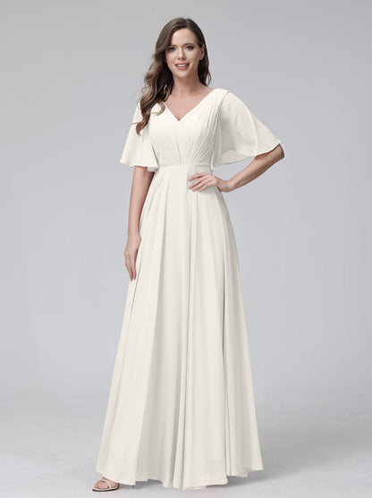 Vestidos de Dama de Honra Longos Em Chiffon com Decote Em V e Meia Manga e Bolsos com Babados
