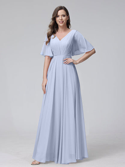 Vestidos de Dama de Honra Longos Em Chiffon com Decote Em V e Meia Manga e Bolsos com Babados
