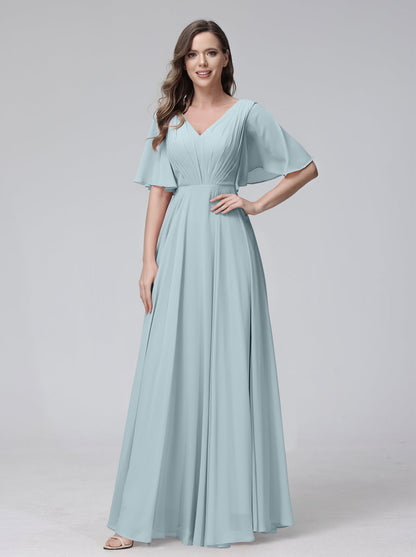 Vestidos de Dama de Honra Longos Em Chiffon com Decote Em V e Meia Manga e Bolsos com Babados