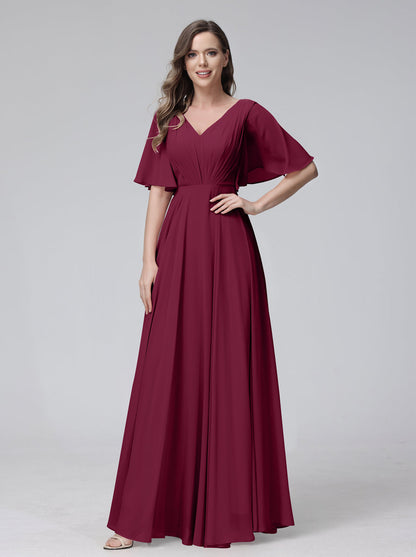 Vestidos de Dama de Honra Longos Em Chiffon com Decote Em V e Meia Manga e Bolsos com Babados