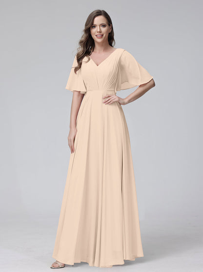 Vestidos de Dama de Honra Longos Em Chiffon com Decote Em V e Meia Manga e Bolsos com Babados
