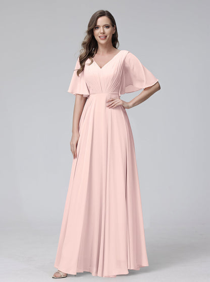 Vestidos de Dama de Honra Longos Em Chiffon com Decote Em V e Meia Manga e Bolsos com Babados