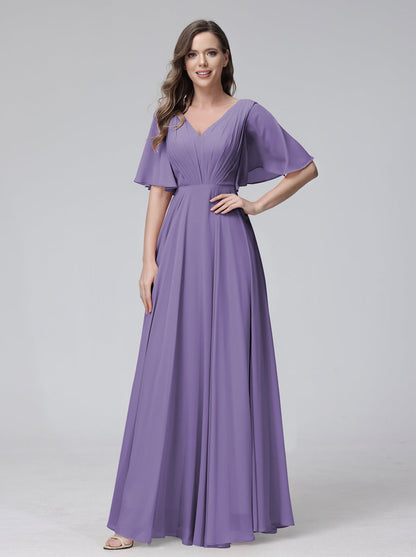 Vestidos de Dama de Honra Longos Em Chiffon com Decote Em V e Meia Manga e Bolsos com Babados