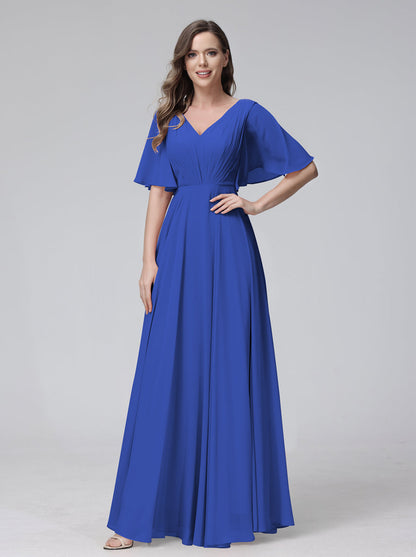 Vestidos de Dama de Honra Longos Em Chiffon com Decote Em V e Meia Manga e Bolsos com Babados