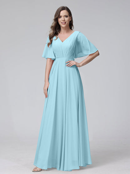 Vestidos de Dama de Honra Longos Em Chiffon com Decote Em V e Meia Manga e Bolsos com Babados
