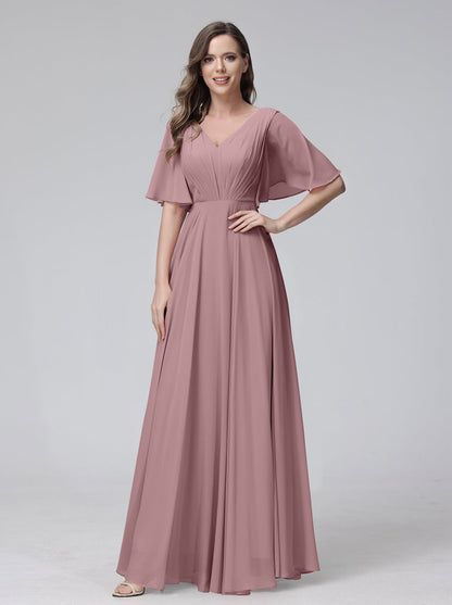 Vestidos de Dama de Honra Longos Em Chiffon com Decote Em V e Meia Manga e Bolsos com Babados
