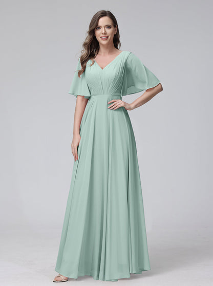 Vestidos de Dama de Honra Longos Em Chiffon com Decote Em V e Meia Manga e Bolsos com Babados