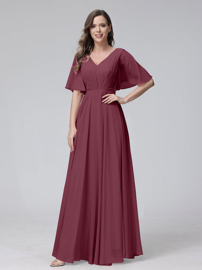 Vestidos de Dama de Honra Longos Em Chiffon com Decote Em V e Meia Manga e Bolsos com Babados