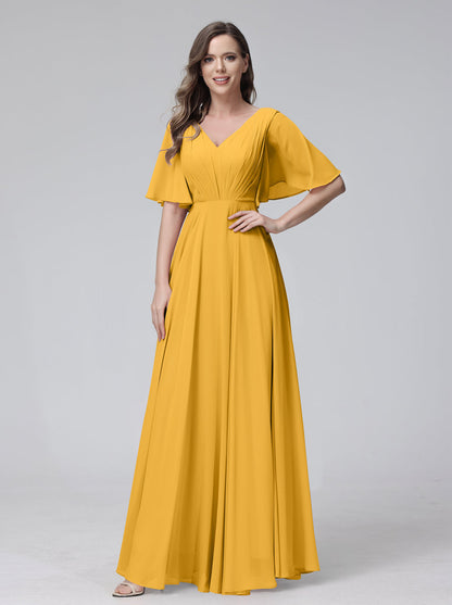 Vestidos de Dama de Honra Longos Em Chiffon com Decote Em V e Meia Manga e Bolsos com Babados