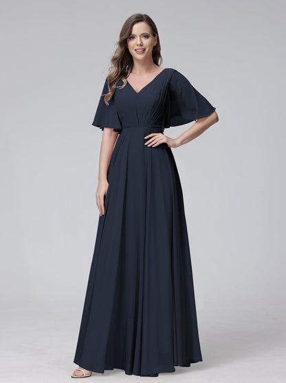 Vestidos de Dama de Honra Longos Em Chiffon com Decote Em V e Meia Manga e Bolsos com Babados