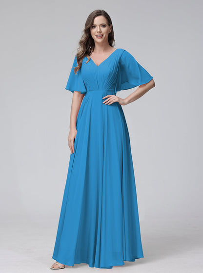 Vestidos de Dama de Honra Longos Em Chiffon com Decote Em V e Meia Manga e Bolsos com Babados
