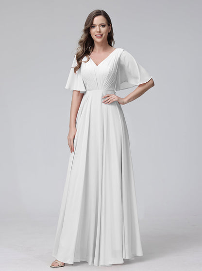 Vestidos de Dama de Honra Longos Em Chiffon com Decote Em V e Meia Manga e Bolsos com Babados