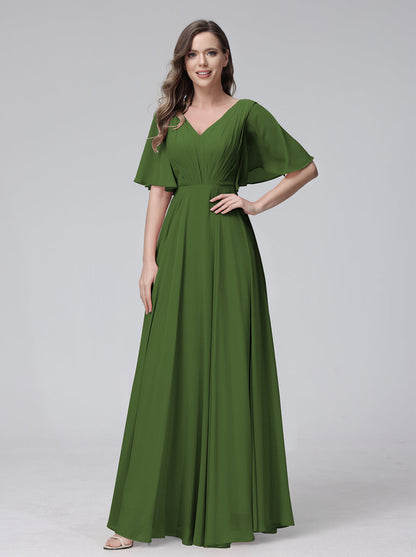 Vestidos de Dama de Honra Longos Em Chiffon com Decote Em V e Meia Manga e Bolsos com Babados
