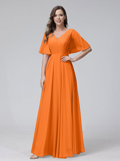 Vestidos de Dama de Honra Longos Em Chiffon com Decote Em V e Meia Manga e Bolsos com Babados