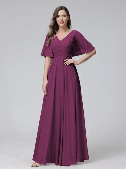 Vestidos de Dama de Honra Longos Em Chiffon com Decote Em V e Meia Manga e Bolsos com Babados