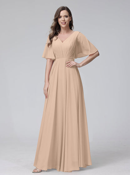 Vestidos de Dama de Honra Longos Em Chiffon com Decote Em V e Meia Manga e Bolsos com Babados