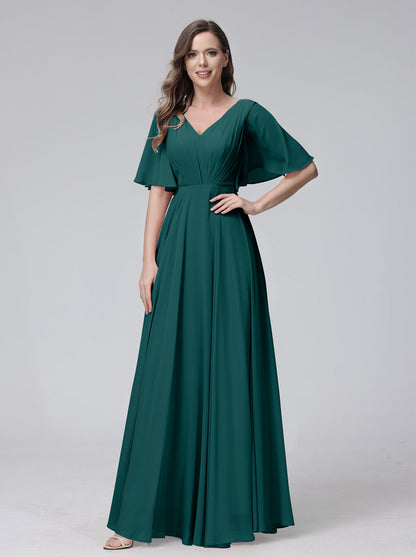 Vestidos de Dama de Honra Longos Em Chiffon com Decote Em V e Meia Manga e Bolsos com Babados