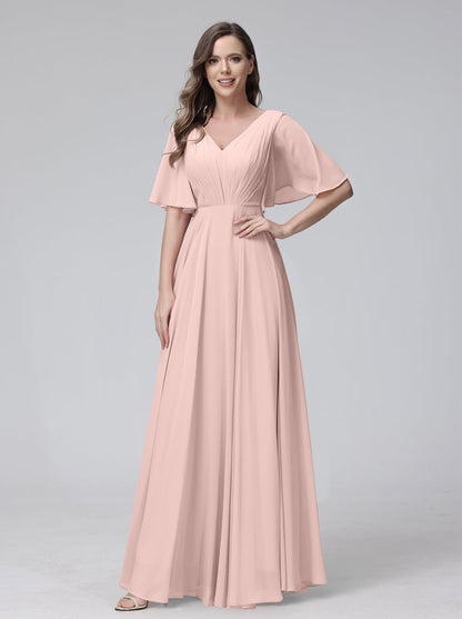 Vestidos de Dama de Honra Longos Em Chiffon com Decote Em V e Meia Manga e Bolsos com Babados
