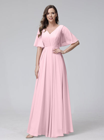 Vestidos de Dama de Honra Longos Em Chiffon com Decote Em V e Meia Manga e Bolsos com Babados
