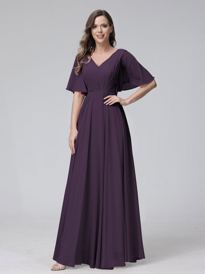 Vestidos de Dama de Honra Longos Em Chiffon com Decote Em V e Meia Manga e Bolsos com Babados