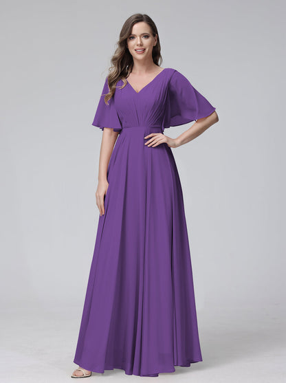 Vestidos de Dama de Honra Longos Em Chiffon com Decote Em V e Meia Manga e Bolsos com Babados