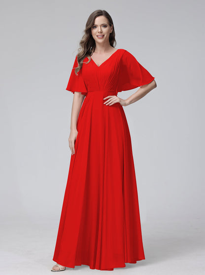 Vestidos de Dama de Honra Longos Em Chiffon com Decote Em V e Meia Manga e Bolsos com Babados
