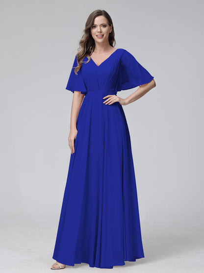 Vestidos de Dama de Honra Longos Em Chiffon com Decote Em V e Meia Manga e Bolsos com Babados