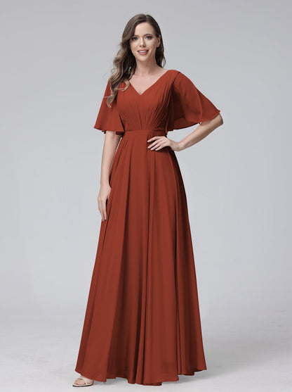 Vestidos de Dama de Honra Longos Em Chiffon com Decote Em V e Meia Manga e Bolsos com Babados