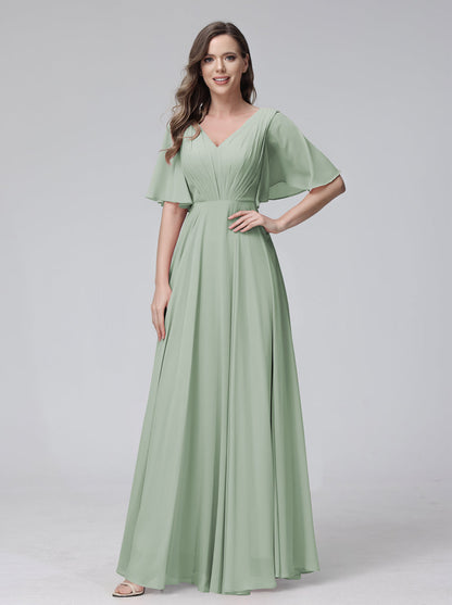 Vestidos de Dama de Honra Longos Em Chiffon com Decote Em V e Meia Manga e Bolsos com Babados