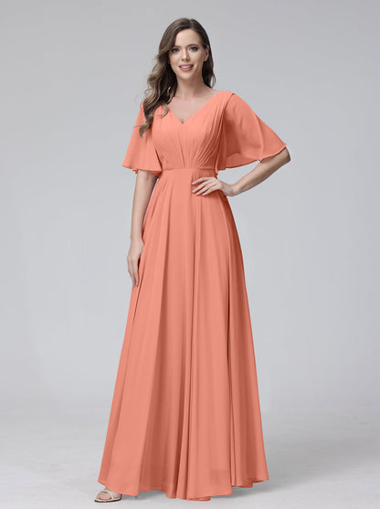 Vestidos de Dama de Honra Longos Em Chiffon com Decote Em V e Meia Manga e Bolsos com Babados