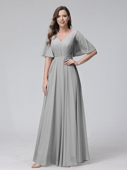 Vestidos de Dama de Honra Longos Em Chiffon com Decote Em V e Meia Manga e Bolsos com Babados