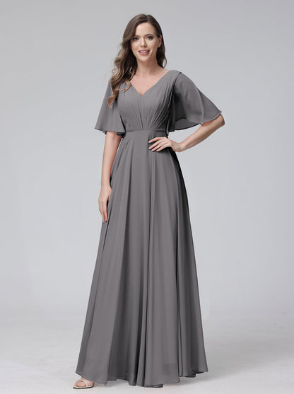 Vestidos de Dama de Honra Longos Em Chiffon com Decote Em V e Meia Manga e Bolsos com Babados