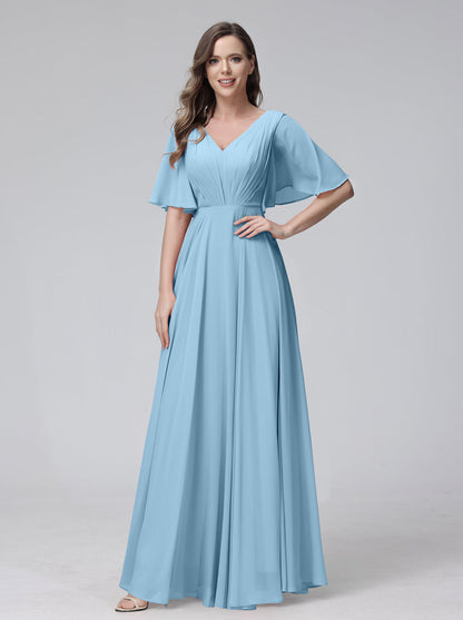 Vestidos de Dama de Honra Longos Em Chiffon com Decote Em V e Meia Manga e Bolsos com Babados