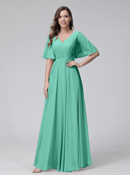 Vestidos de Dama de Honra Longos Em Chiffon com Decote Em V e Meia Manga e Bolsos com Babados