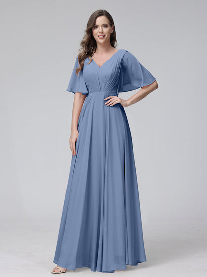 Vestidos de Dama de Honra Longos Em Chiffon com Decote Em V e Meia Manga e Bolsos com Babados