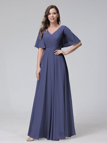 Vestidos de Dama de Honra Longos Em Chiffon com Decote Em V e Meia Manga e Bolsos com Babados