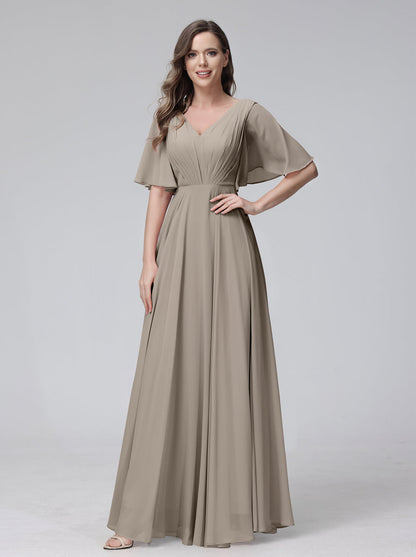 Vestidos de Dama de Honra Longos Em Chiffon com Decote Em V e Meia Manga e Bolsos com Babados