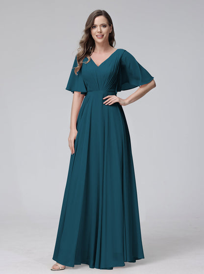 Vestidos de Dama de Honra Longos Em Chiffon com Decote Em V e Meia Manga e Bolsos com Babados