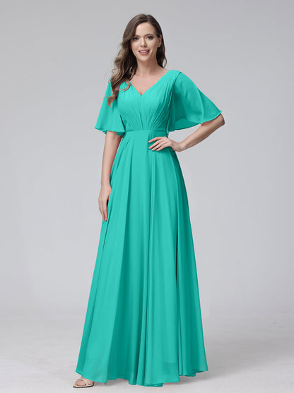 Vestidos de Dama de Honra Longos Em Chiffon com Decote Em V e Meia Manga e Bolsos com Babados
