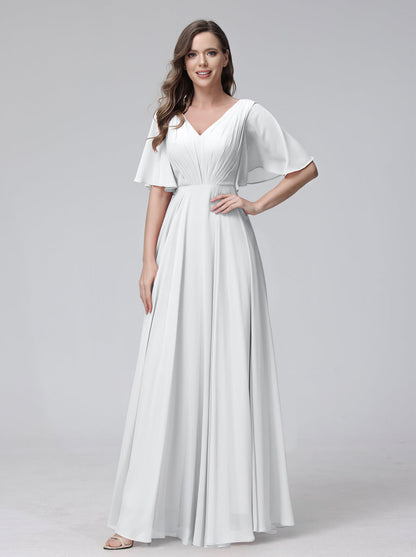 Vestidos de Dama de Honra Longos Em Chiffon com Decote Em V e Meia Manga e Bolsos com Babados