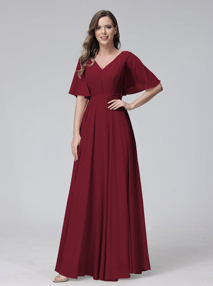 Vestidos de Dama de Honra Longos Em Chiffon com Decote Em V e Meia Manga e Bolsos com Babados